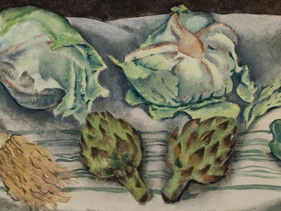 Lettuce, Leaks [Leeks], Peppers, 1937. Oil on canvas, 14 x 36 in. (Courtesy of the Michael Biddle Family)