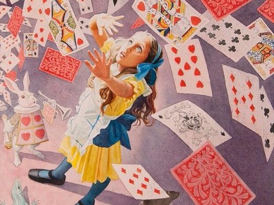 Cards Falling on Alice, 2017, by Charles Santore (Collection of the artist). Illustration for Alice’s Adventures in Wonderland, by Lewis Carroll (Kennebunkport, ME: Cider Mill Press Book Publishers, 2017)