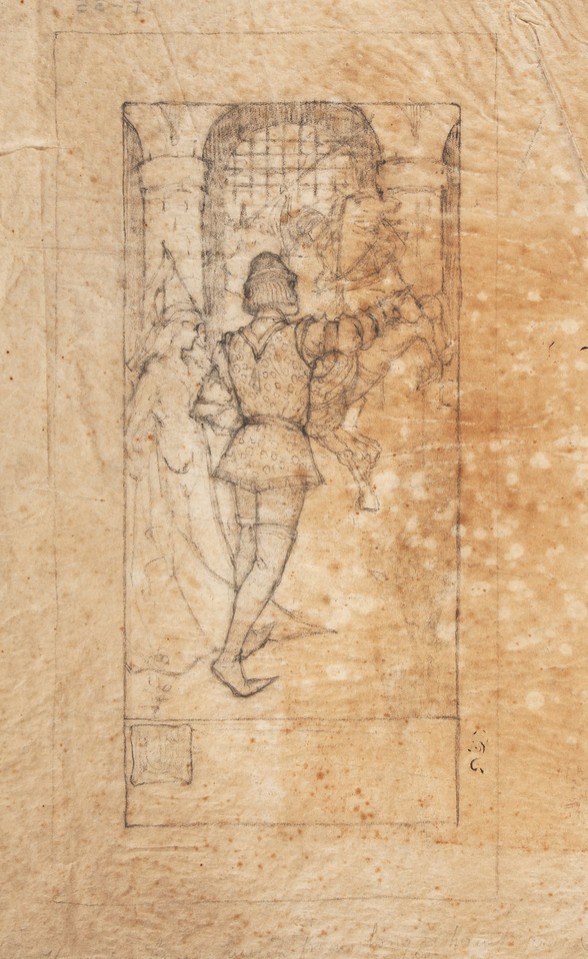 Frontispiece study with damsel, male character and &quot;fiery&quot; ... Image 1