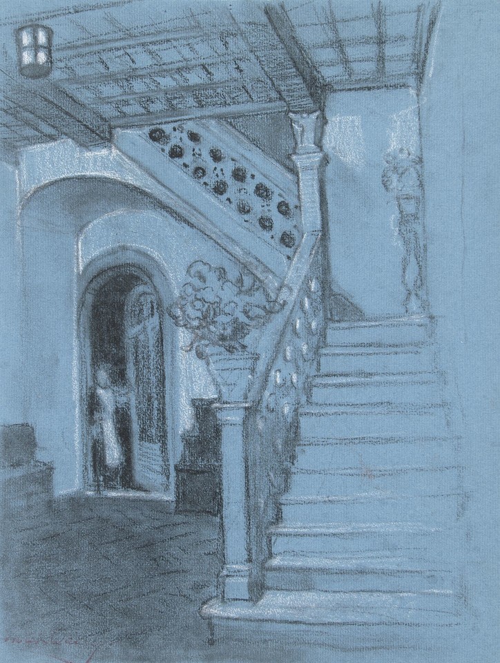 Study of entrance hall with door, stairway and coffered ... Image 1