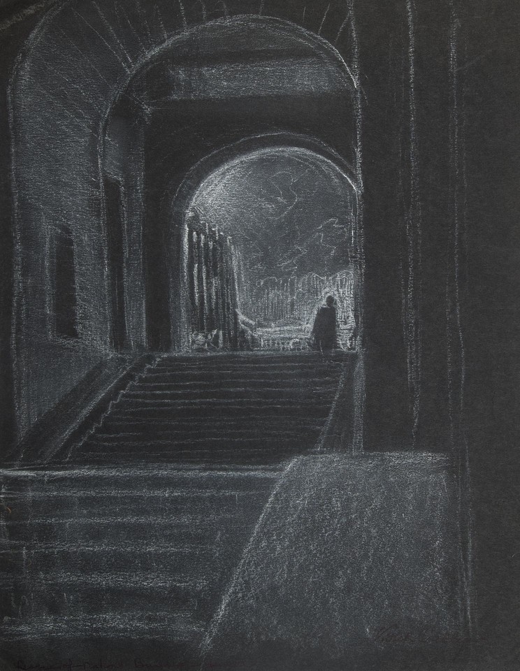 Study of exterior steps leading to figure seated under ... Image 1