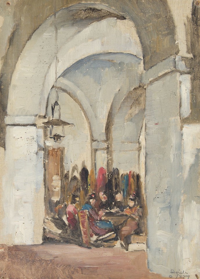 Interior with figures seated at table , by Isabel Oakley ... Image 1