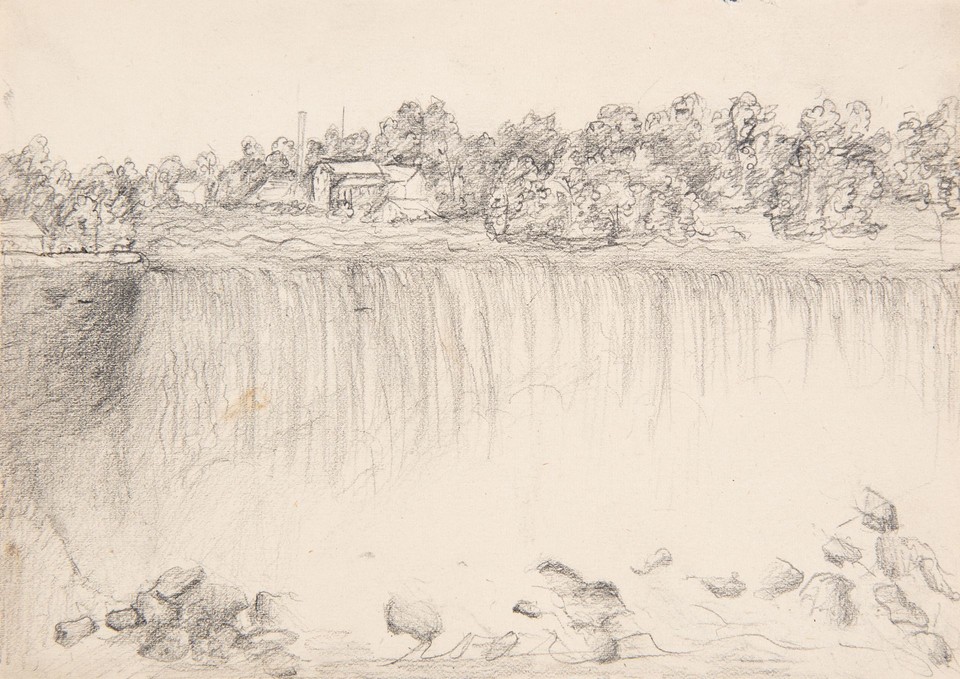 Landscape study of waterfall with trees and buildings in ... Image 1