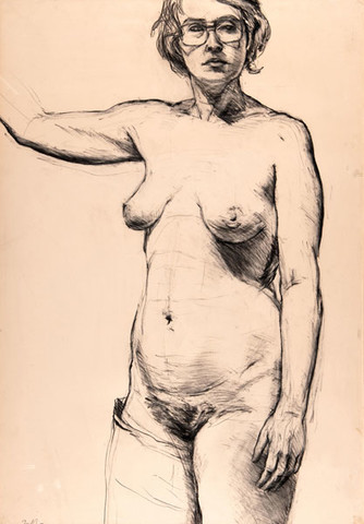Edith Neff: Self-Portrait While in Cast for Broken Leg (1974) Charcoal on paper