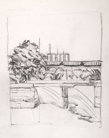 Edith Neff: [Train and Bridge, Philadelphia] (c. 1987) Graphite on paper