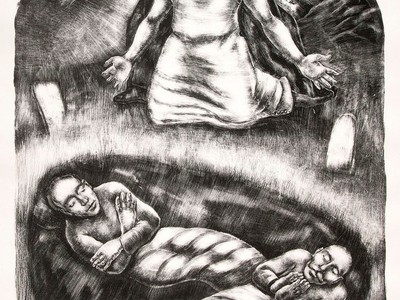 Untitled (Three Figures with Gravestones), 1930. Lithograph, 19 x 13 in. (Gift of Jim’s of Lambertville, 2014)