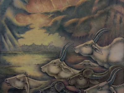 Cattle Bathing in the Holy Ganges, 1960. Oil on canvas, 39 3/4 x 39 1/2 in. (Courtesy of the Michael Biddle Family)