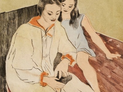 Mother Dressing Daughter, 1917, by George Biddle. Hand colored etching, 6 3/4 x 5 7/8 in. (Gift of the Michael Biddle Family, 2021)