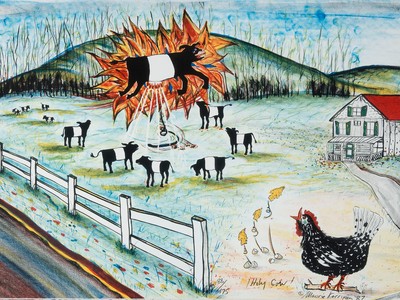 Holy Cow!, 1987, by Maurie Kerrigan. Oil pastel on paper, artist made frame, 27 ½ x 36 ¾ x 1 ¼ in. (Gift of Dr. and Mrs. William Wolgin, 2015)