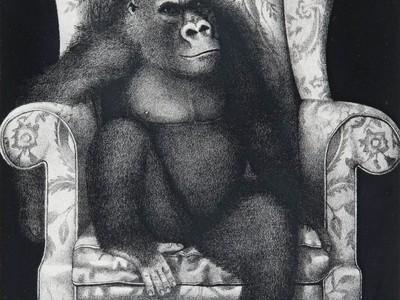 Untitled (Gorilla in Upholstered Chair), Date unknown, by Tom Palmore. Lithograph, 10 x 8 in. (Gift of Carl L. Steele, 2014)