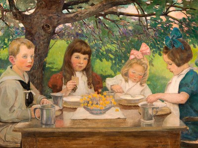 The Tea Party, 1902, by Jessie Willcox Smith. Casein and gouache on illustration board, varnished, 24 x 39 ¼ in. (Partial museum purchase and partial gift of Noel Butcher Hanley, 2014)