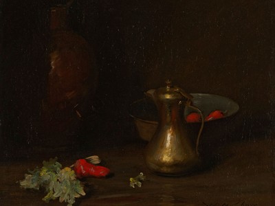 Still Life with Brass Coffee Pot, Bowl, Celery and Red Peppers, date unknown, by William Merritt Chase. Oil on canvas, 32 1/8 x 28 in. (Museum Purchase 2020)
