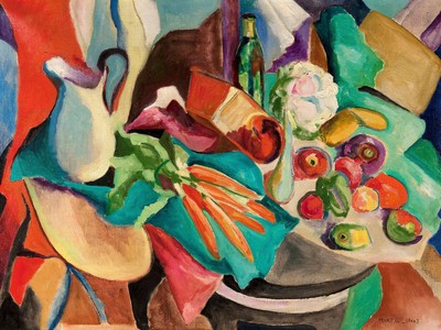 Still Life with Carrots, c. 1943, by Mary G. L. Hood. Oil on canvas, 28 x 34 ¼ in. (Gift of Sarah Hood Bodine, 2021)