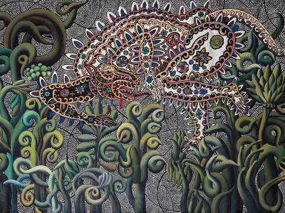 Henry Bermudez, “The RainMakers Dance,” 2018. Acrylic paint with glitter on canvas, 72 x 106 in. (Woodmere Art Museum: Museum purchase with funds generously provided by Robert and Frances Kohler, 2022)