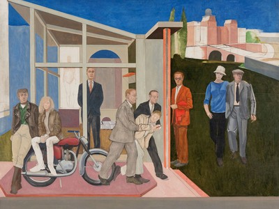 Narrative: To the Memory of Matteo Giovannetti, 1967, by Larry Day. Oil on canvas, 65 1/2 x 76 3/8 in. (Gift of Ruth Fine in honor of Irving and Miriam Brown Fine, 2020)