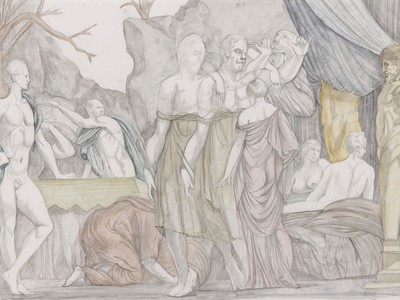 Hercules Dressed as a Woman, c. 1990, by Larry Day. Watercolor and graphite on paper, 9 x 14 3/8 in. (Museum purchase, 2021)