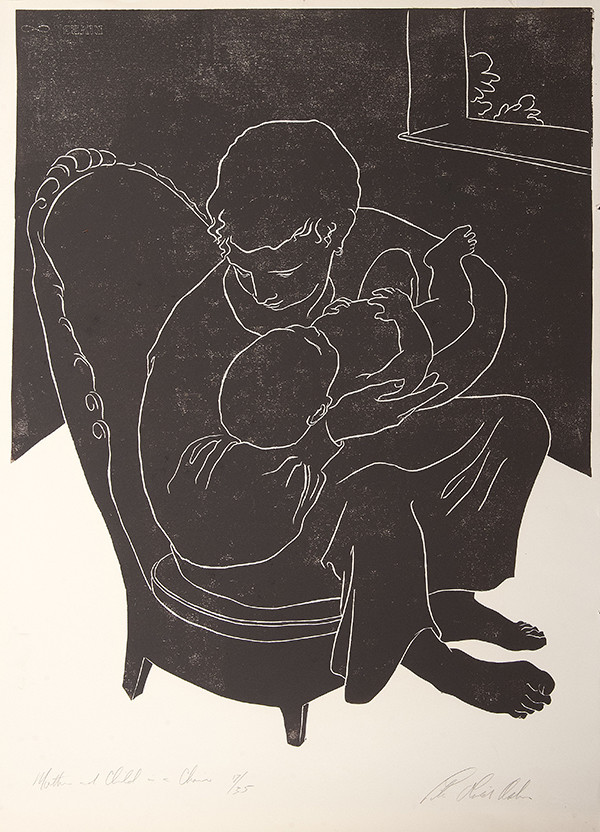 Lila Oliver Asher: Mother and Child in a Chair (1986) Linoleum block print