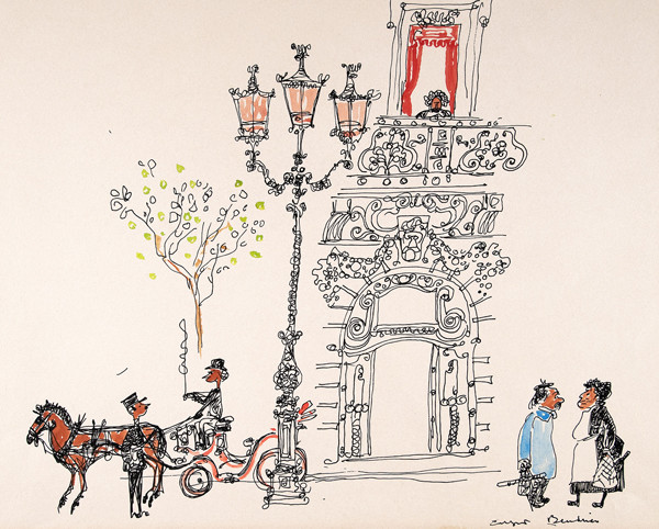 Alfred Bendiner: Paris Carriage (Undated) Pen and ink, and watercolor on paper