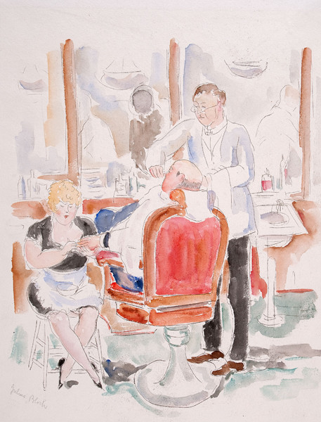Julius Bloch: [Haircut, Shave and Manicure] (Undated) Ink and watercolor