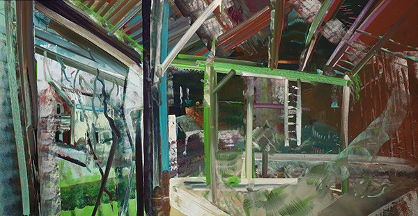 David Brewster: Osborn Cabin through Post and Beam (2013) Oil on gator board