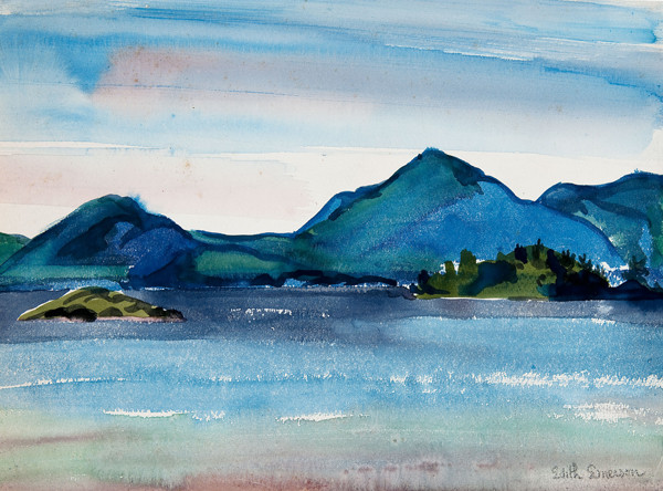 Edith Emerson: Bloomer Mountain Whale Rock and Agnes Island (1939) Watercolor on paper