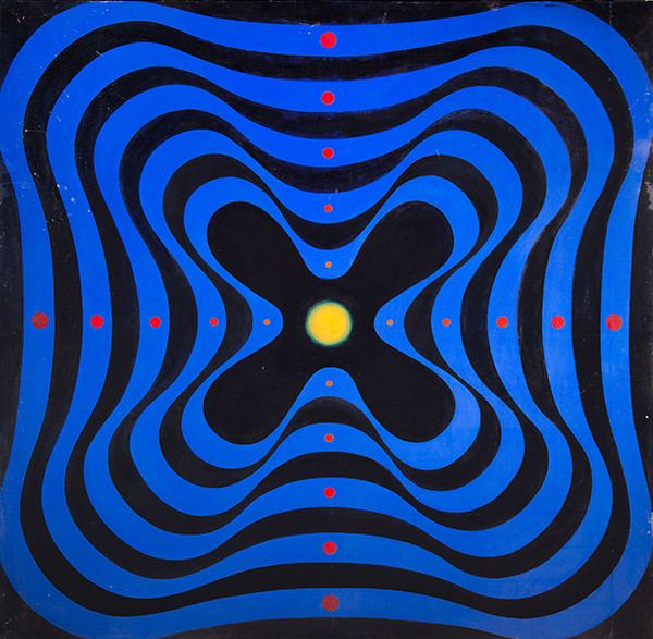 Martha Mayer Erlebacher: Wavy Abstract in Blue, Black, and Red Dots (Undated) Oil on canvas