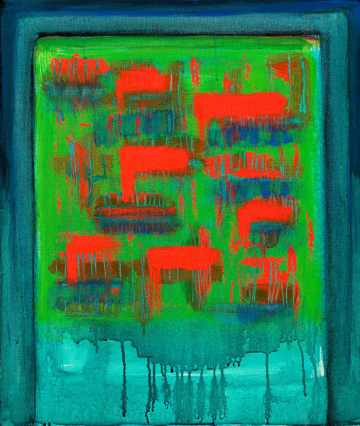 Gertrude Fisher-Fishman: [Untitled] (Abstract in red, grean, and blue) (Undated) Acrylic on canvas
