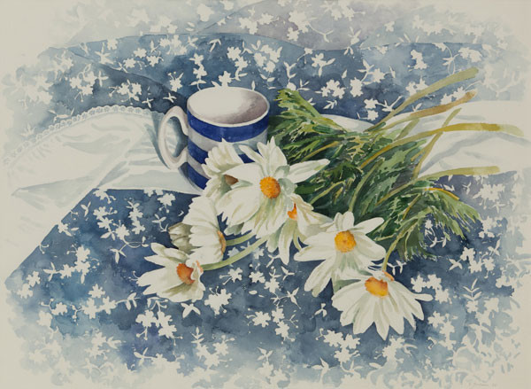 Eileen Goodman: Daisies with Striped Mug (1986) Watercolor on paper