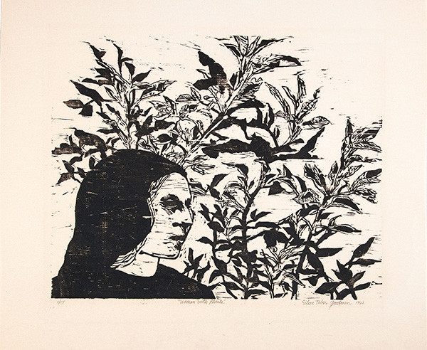 Eileen Goodman: Woman with Plants (Self-Portrait) (1962) Woodcut