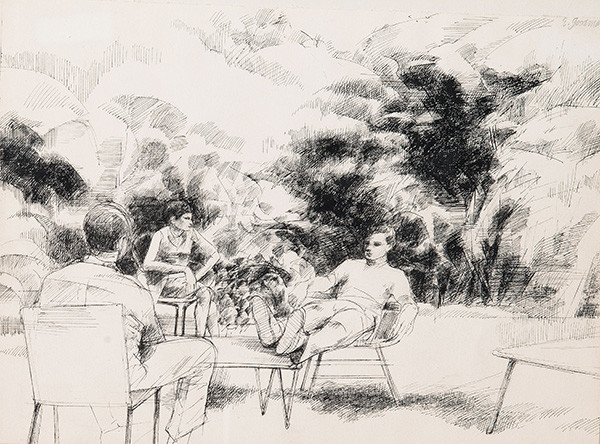 Eileen Goodman: Conversation in a Garden (late 1960s) Ink on paper
