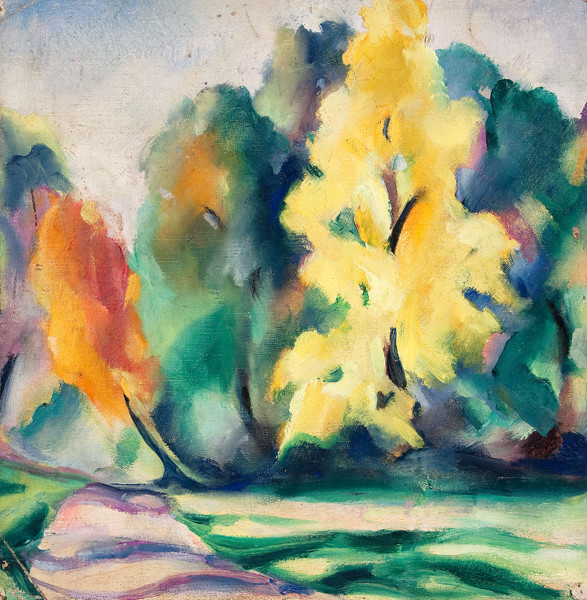 Betty W. Hubbard: [Landscape with Yellow Tree] (Undated) Oil on canvas on board