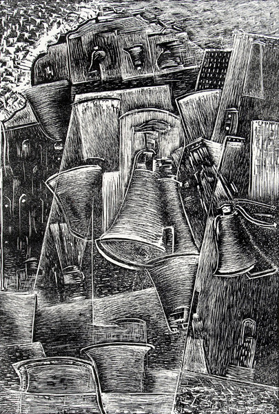 Bernard A. Kohn: Out of Darkness, Bells Rang (1953) Wood engraving on paper