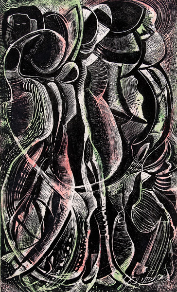 Bernard A. Kohn: Athikte Dances (1960) Color wood engraving