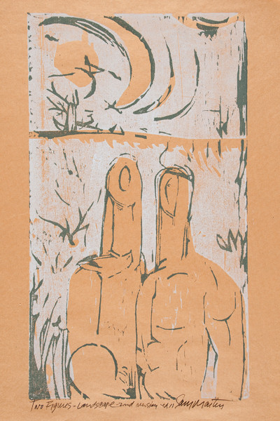 Samuel Maitin: Two Figures-Landscape (1958) Woodcut