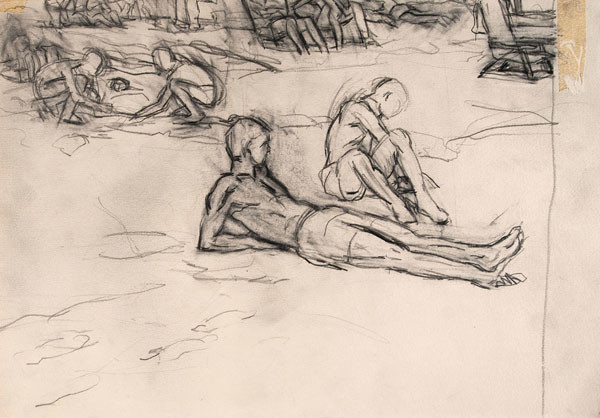 Edith Neff: [Two Male Bathers on Beach] (c. 1988) Pencil on paper