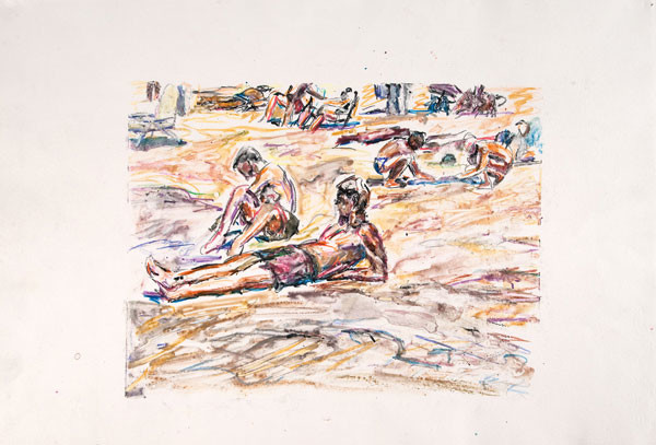 Edith Neff: [Two Male Bathers on Beach] (c. 1988) Monoprint and water soluble crayon