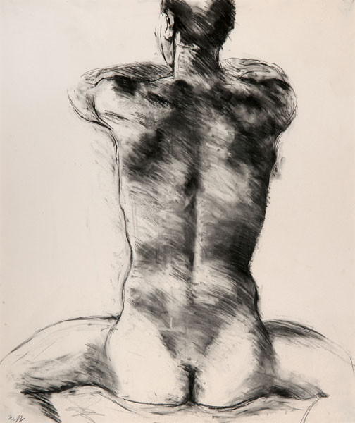 Edith Neff: Seated Male Nude Seen from the Back (c. 1980) Charcoal on paper