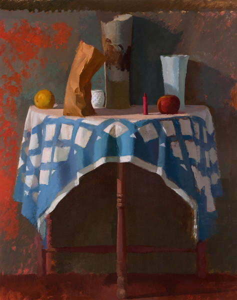 Scott Noel: Still Life with Crayon and Bag (1985) Oil on paper