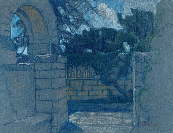 Violet Oakley: Untitled, (stone arch and ivy covered wall) (Undated) Pastel on laid paper