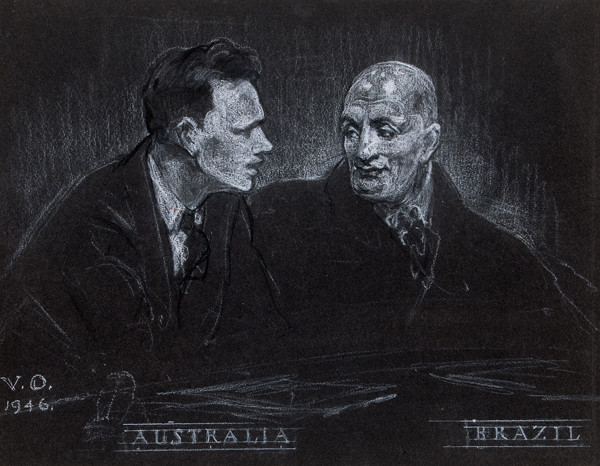 Violet Oakley: Australia and Brazil, United Nations Series () White and black conté on black paper