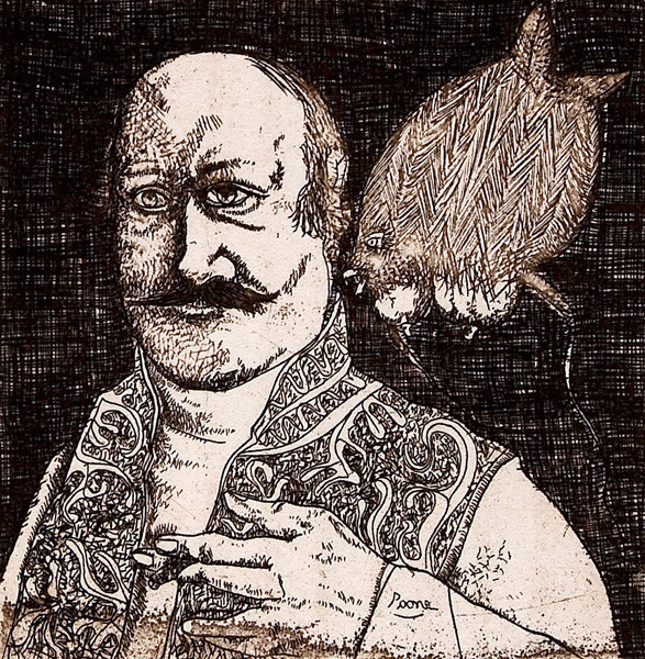 Peter Paone: [Self-Portrait with Fish] (Undated) etching