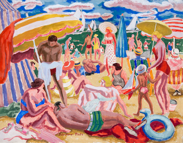 Salvatore Pinto: Crowded Beach Scene (c. 1940) Gouache on paper