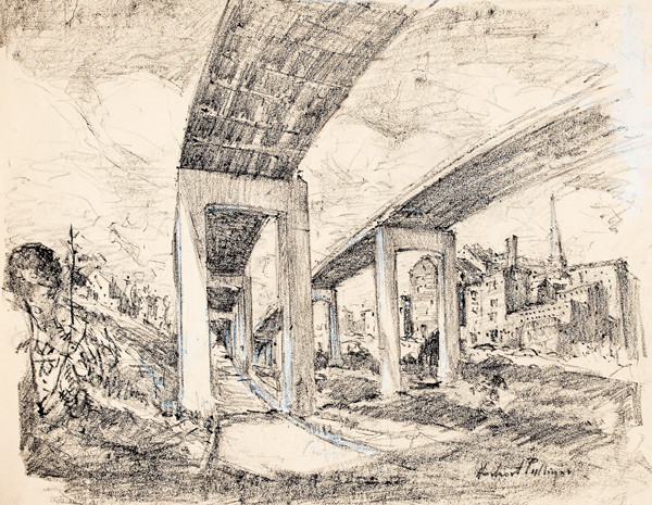 Herbert Pullinger: The New Pennsylvania Railroad Bridge at Manayunk (Undated) Lithographic crayon