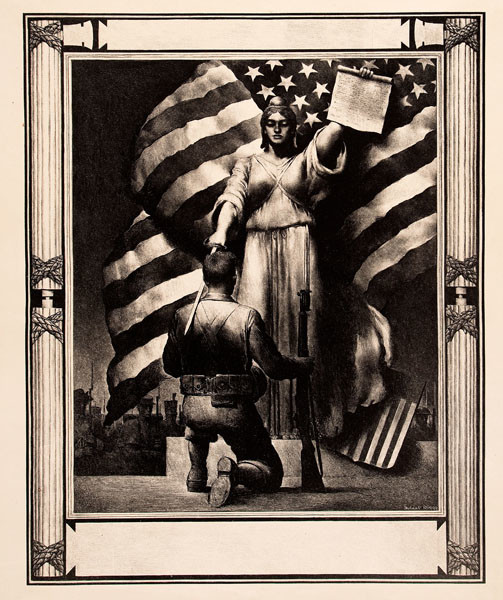 Robert Riggs: Liberty Knighting a Soldier (Undated) Lithography