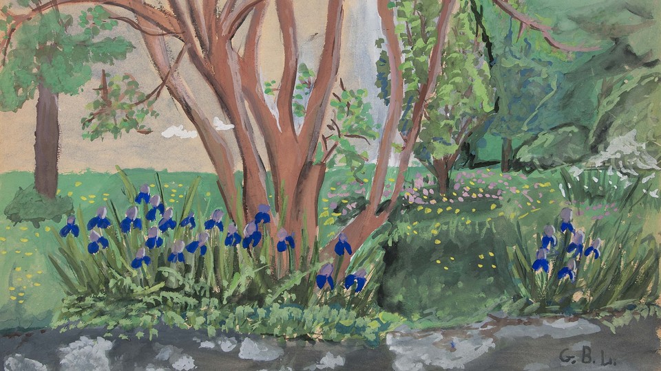 Untitled [Landscape with trees and purple irises]