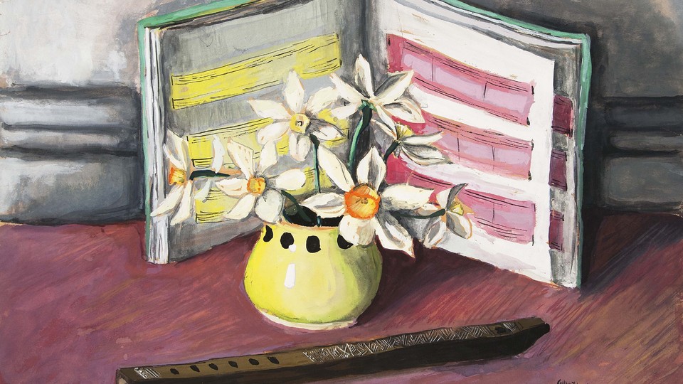 Untitled [Still life with yellow vase of daffodils, flute, and open book]