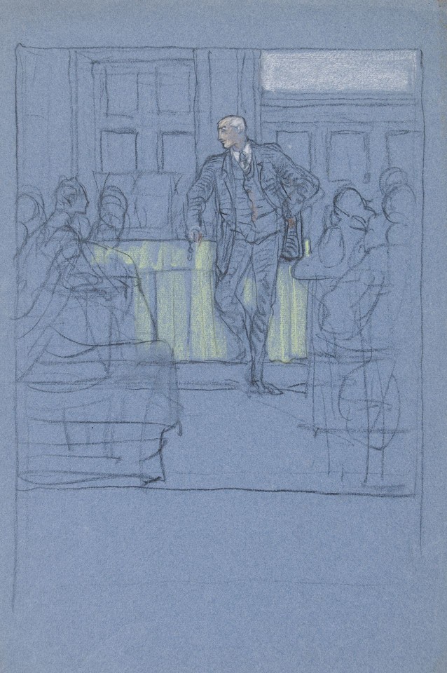 Unidentified study of man standing in front of seated crowd  ... Image 1
