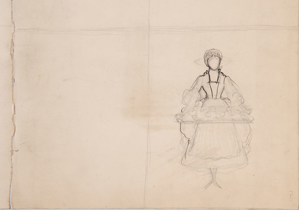 Study of woman in colonial dress carrying tray of food  Image 1