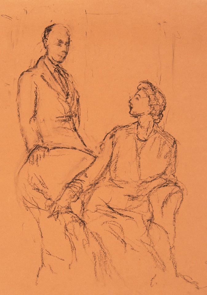 Portrait study of unidentified man standing behind seated ... Image 1
