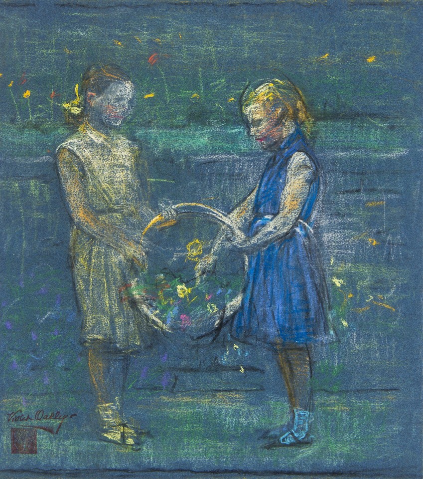 Portrait study of two young girls holding basket of flowers ... Image 1